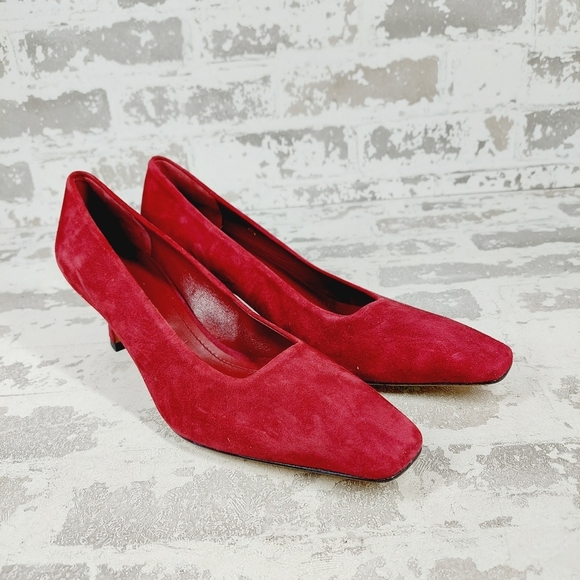 NEW Lafayette 148 New York Red Suede Slip On Business Casual Mid High Heels W622 - Picture 4 of 14